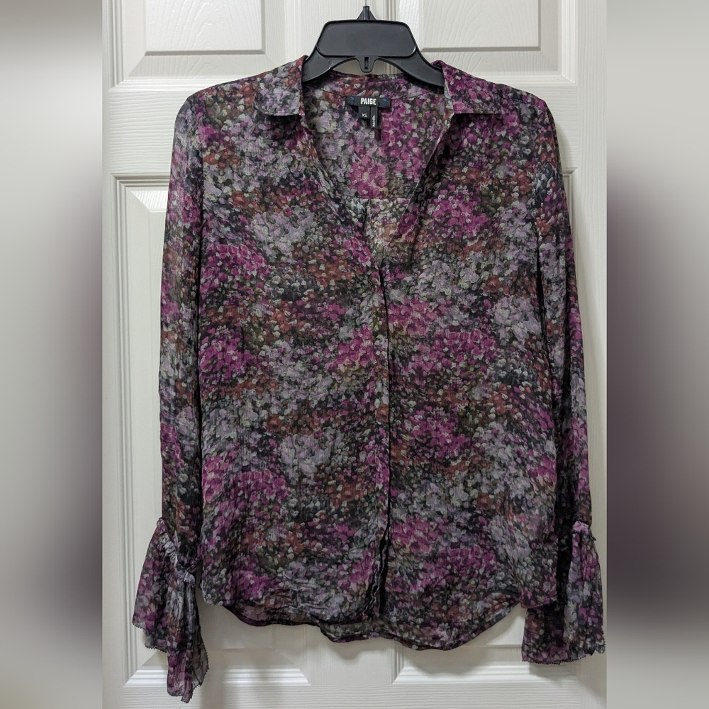 Paige Abriana Silk Sheer Long Sleeve Button Down Blouse Top Dark Magenta size XS